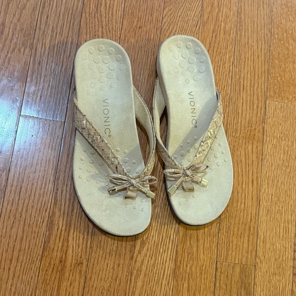 Vionic Bella Cork Bow Sandals Flip Flops Womens 8 Tan Beige Gold Comfort Thongs - Picture 2 of 8